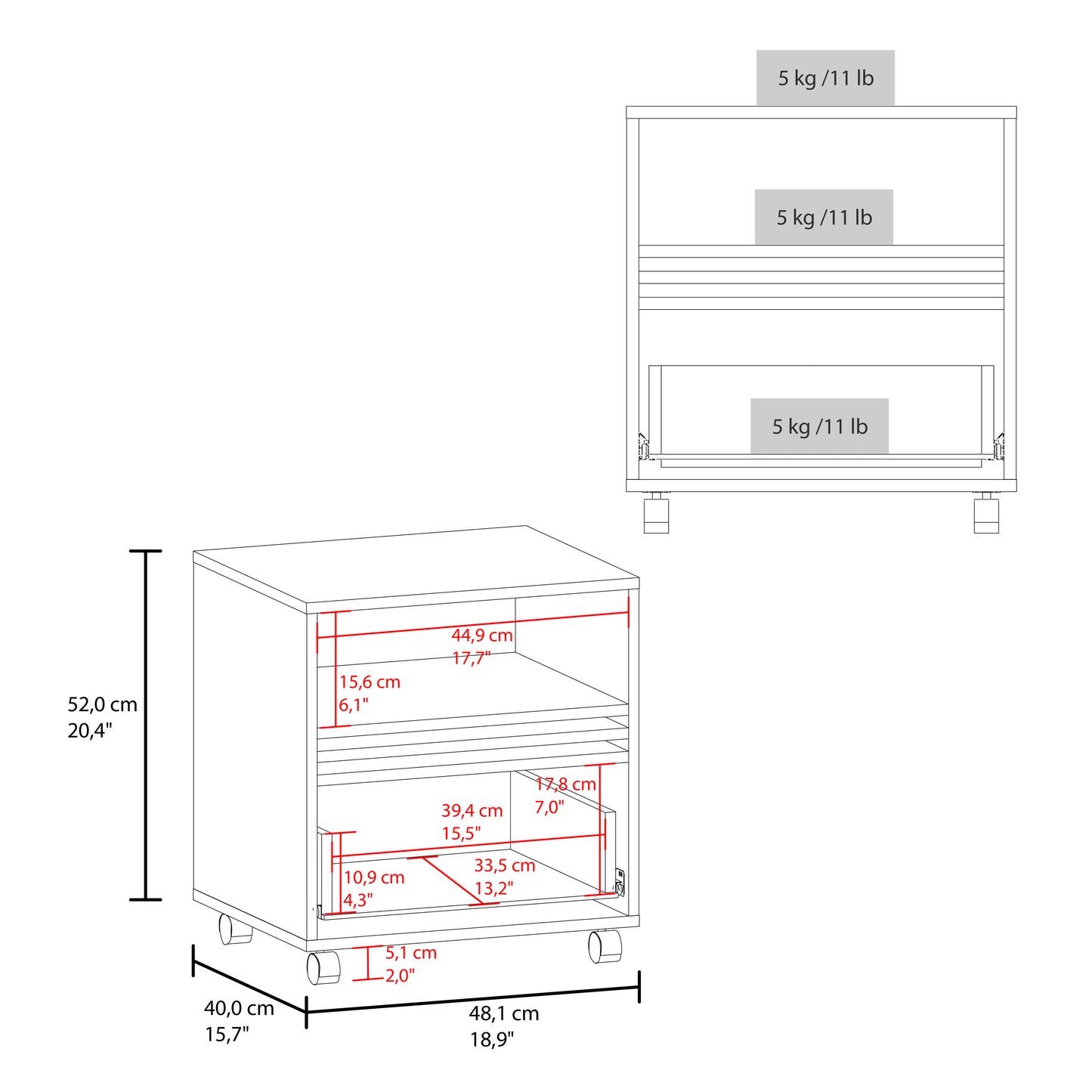 Line drawing of a drawer mobile pedestal with dimensions