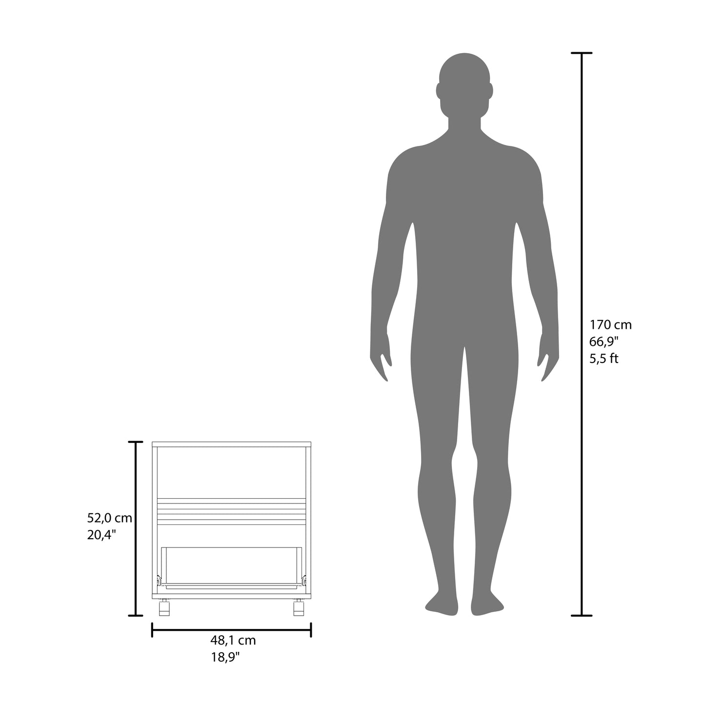 Line drawing of a white nightstand with drawers and metal legs cm height