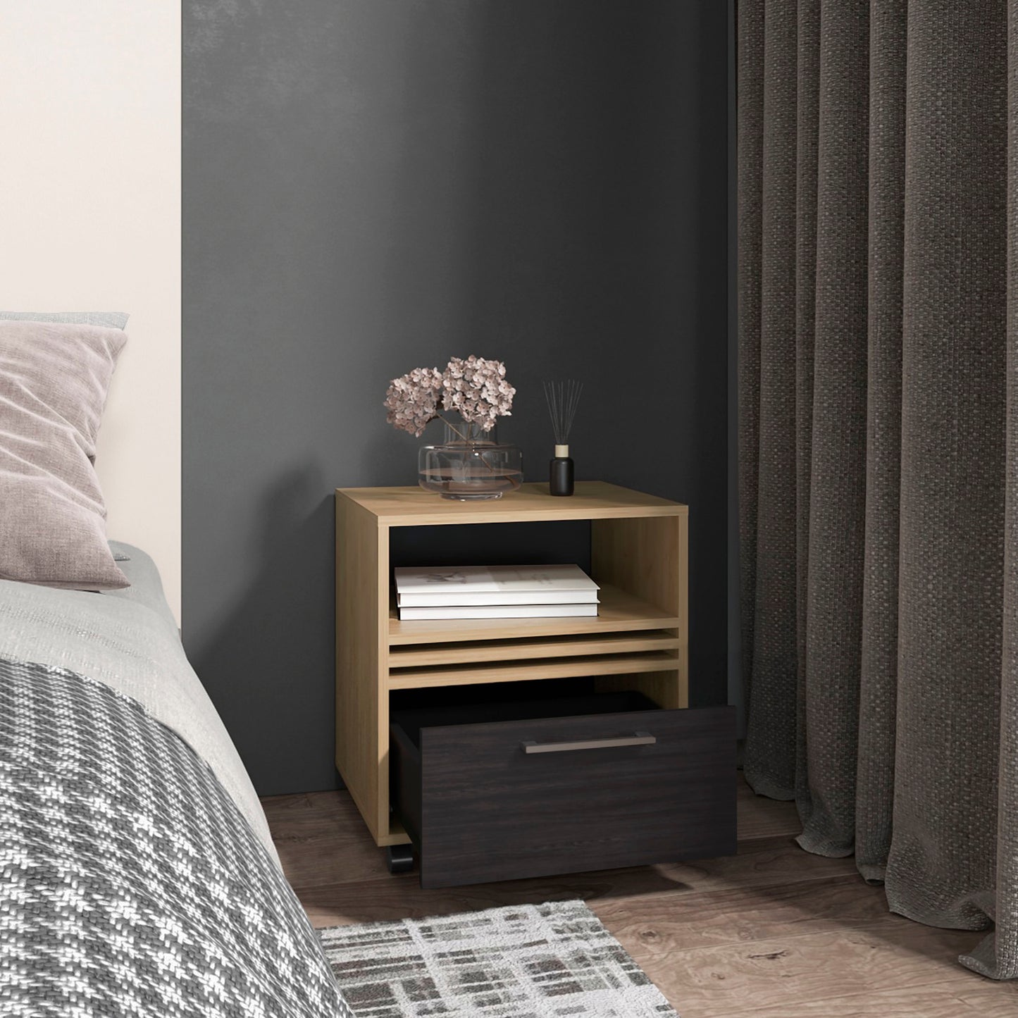 Wooden bedside table with open shelves and a dark drawer