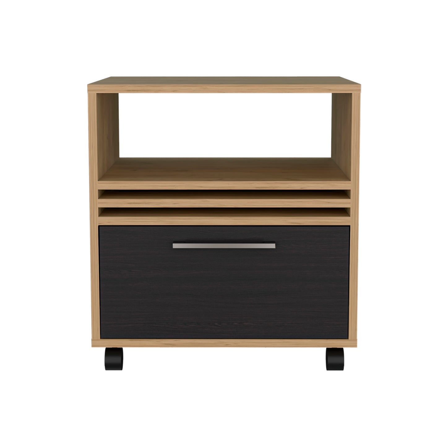 Light oak and dark wood mobile filing cabinet with one drawer and open shelving