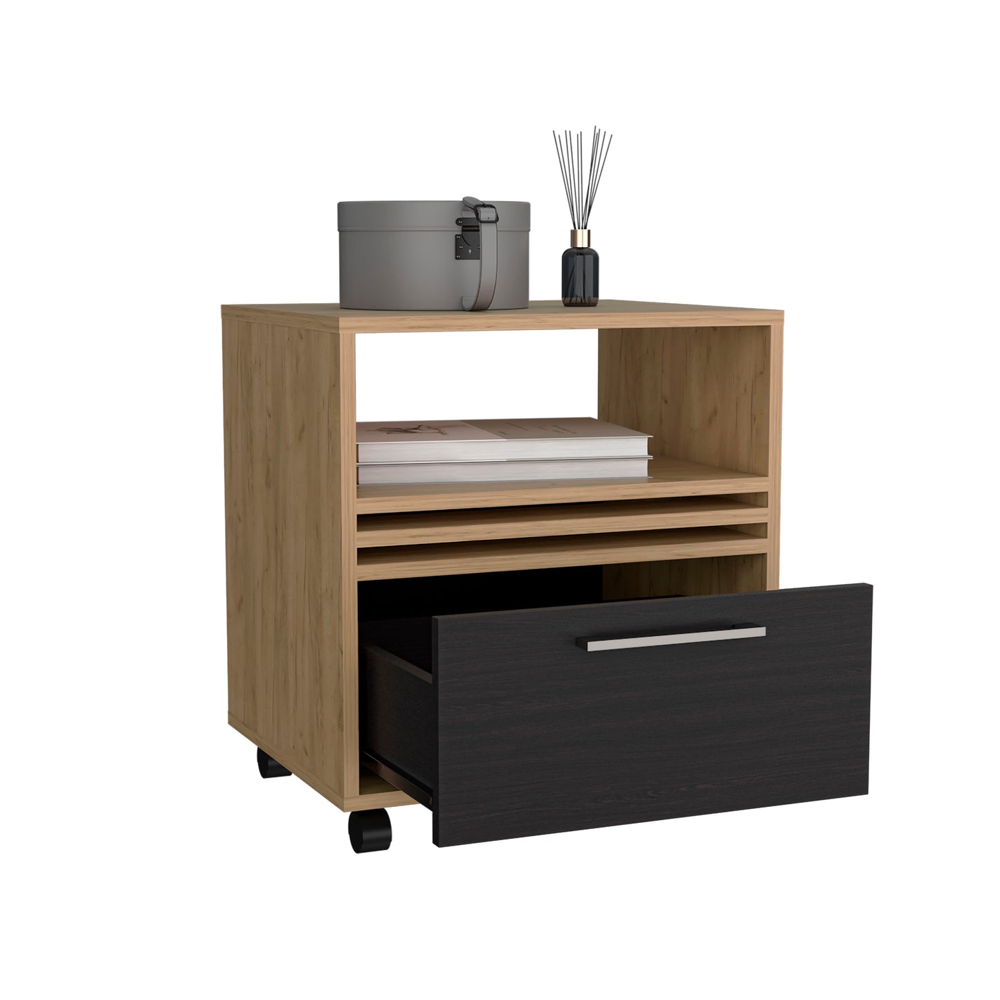 Modern oak veneer nightstand with dark drawer and wheels