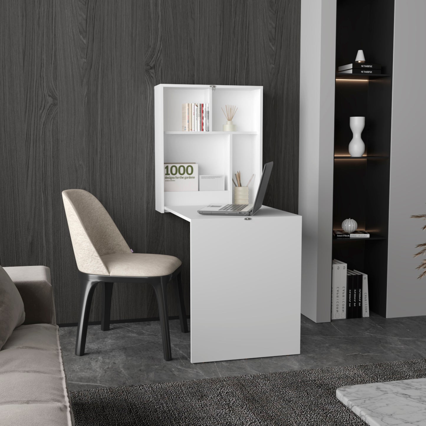 Compact white wallmounted desk with integrated shelving and a laptop