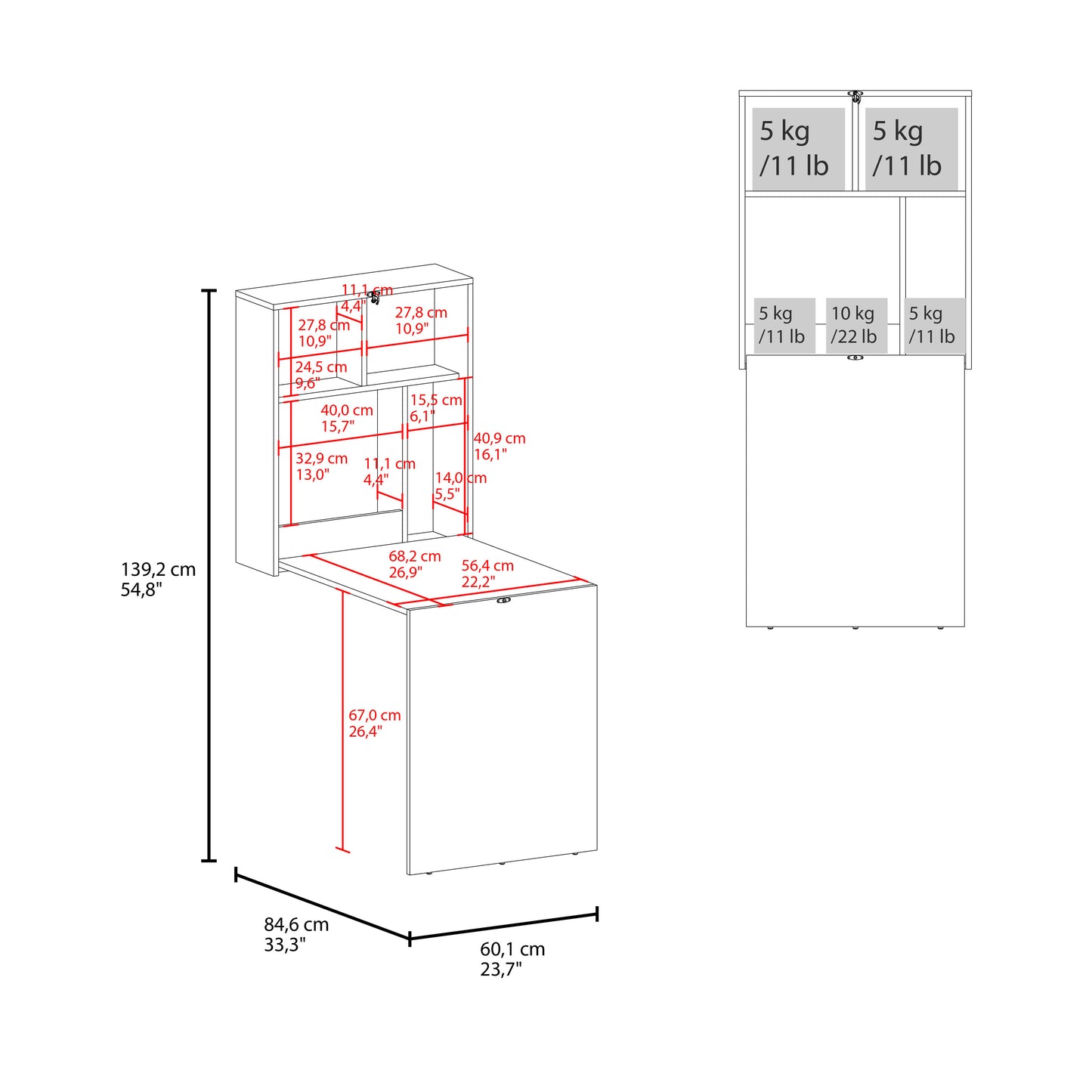 Diagram of a white wallmounted desk with dimensions and shelf capacity