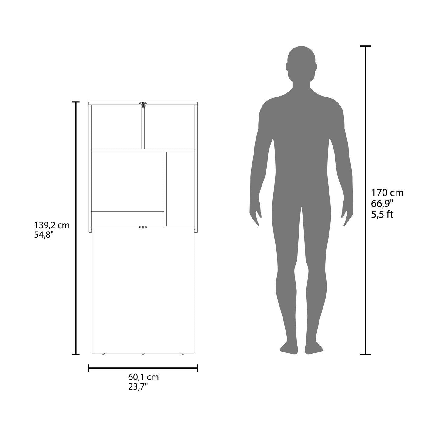 Compact folding desk with shelving unit dimensions shown next to a person