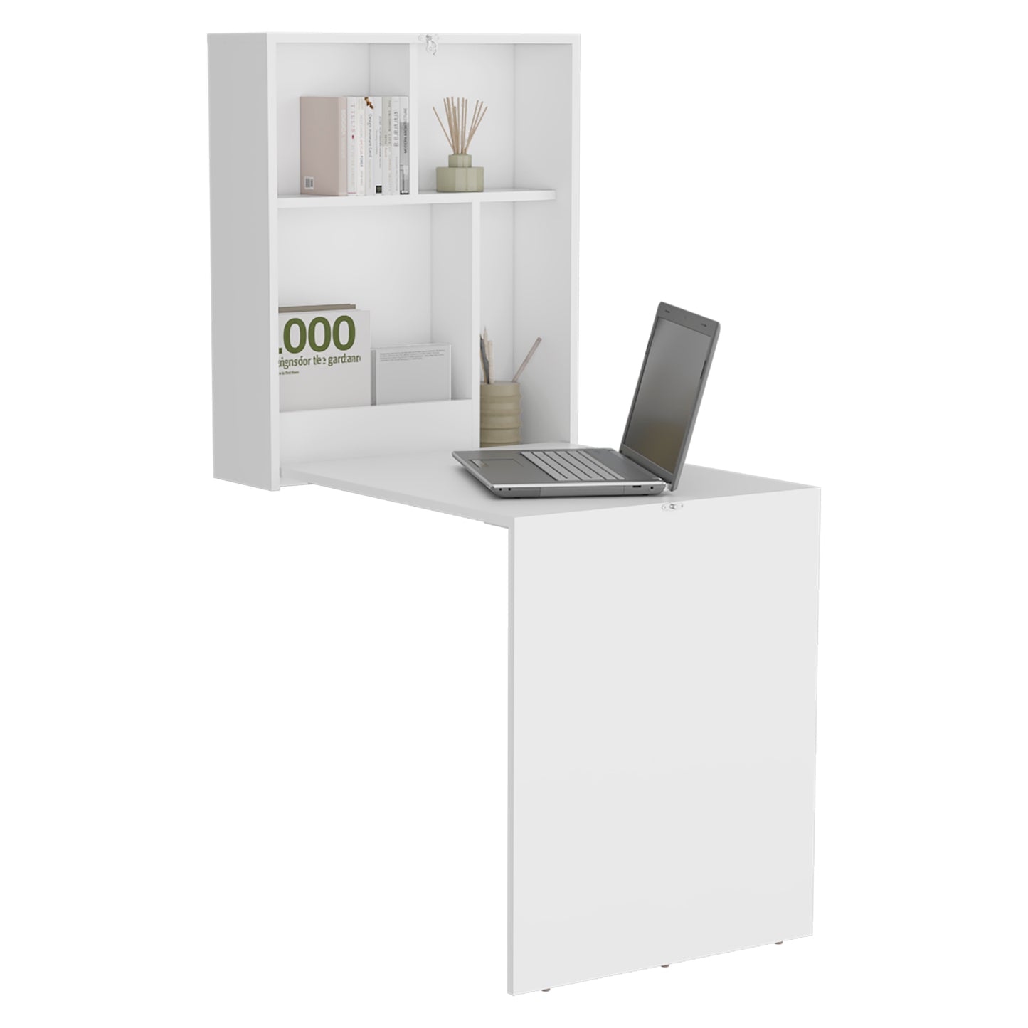 White wallmounted desk with shelves and open laptop