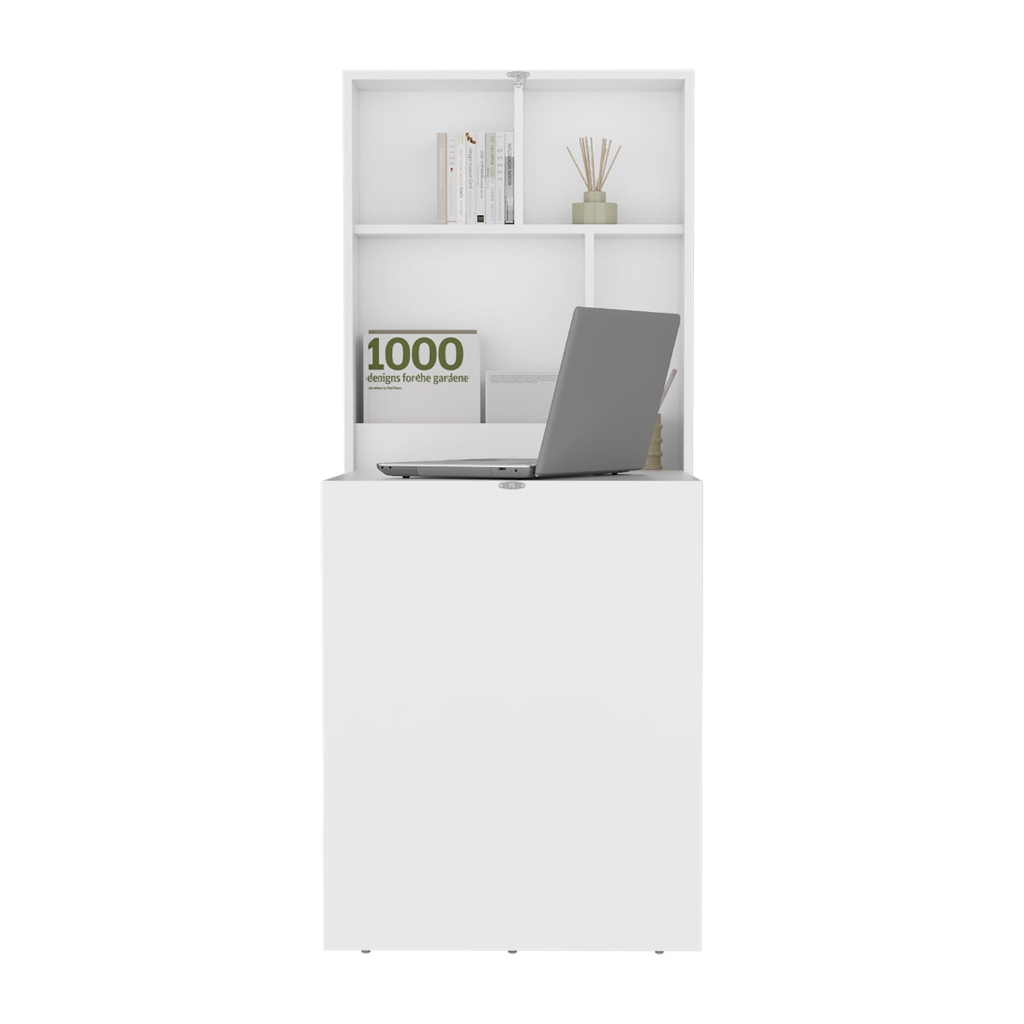 Modern white wallmounted desk with integrated bookshelf and open laptop
