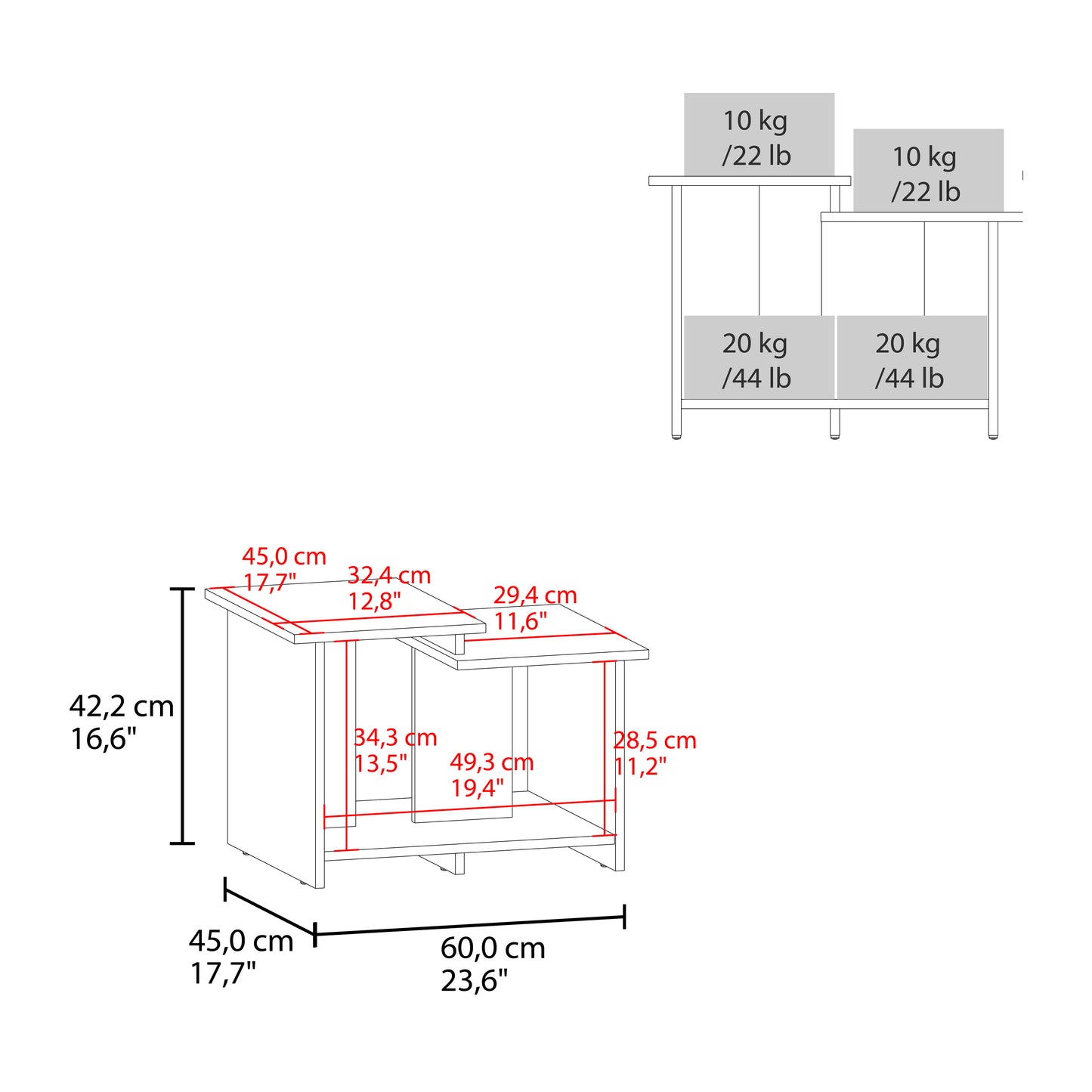 Technical drawing of a white side table with dimensions