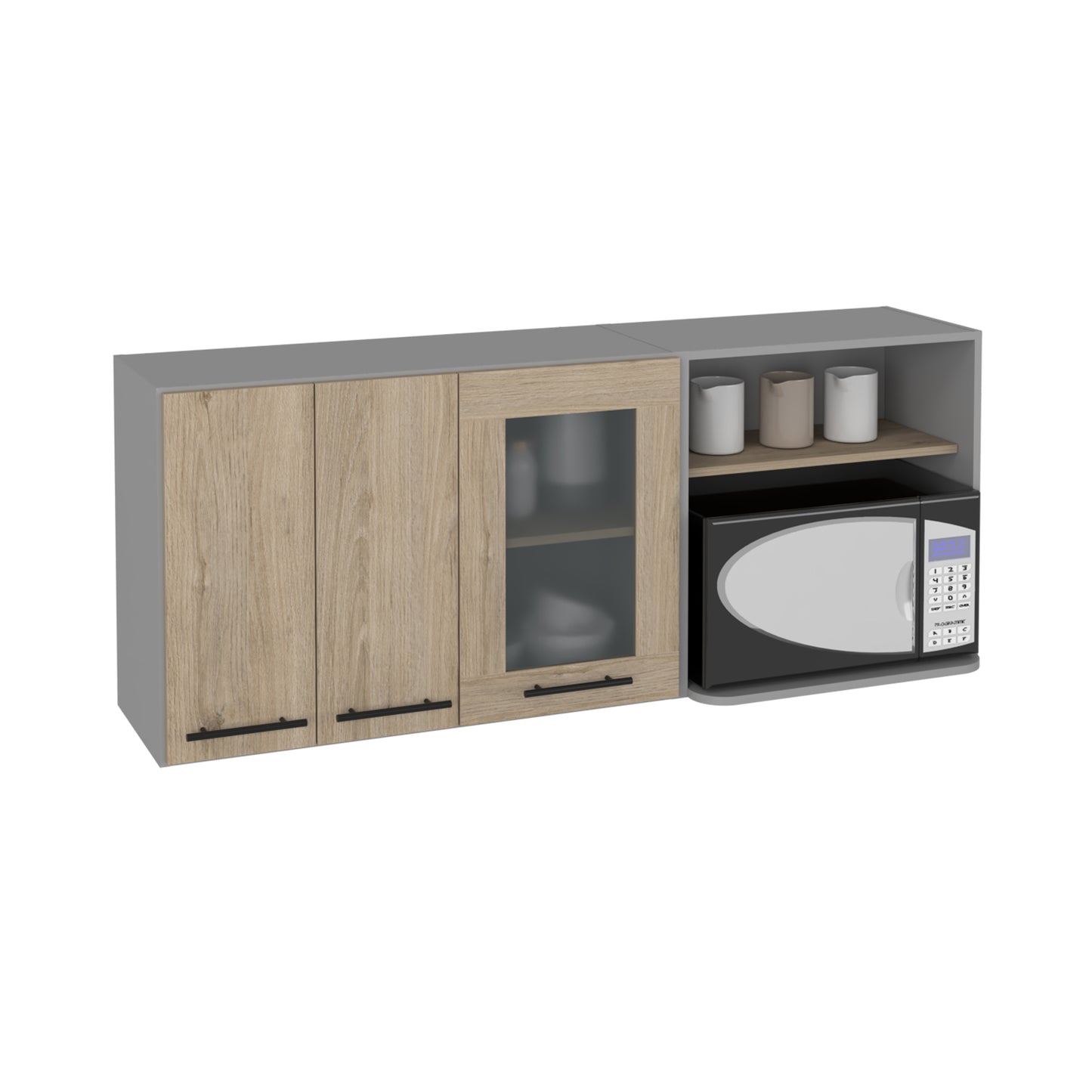 Wood grain cabinet with glass door and microwave niche