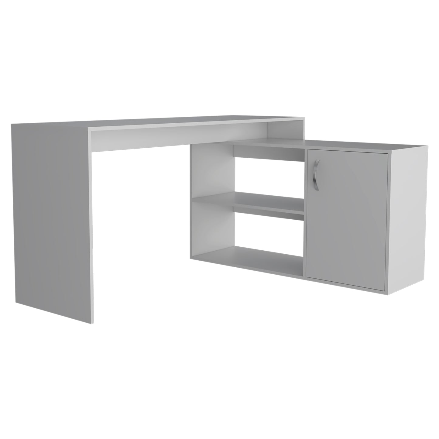 Modern white Lshaped desk with integrated storage cabinet and shelves