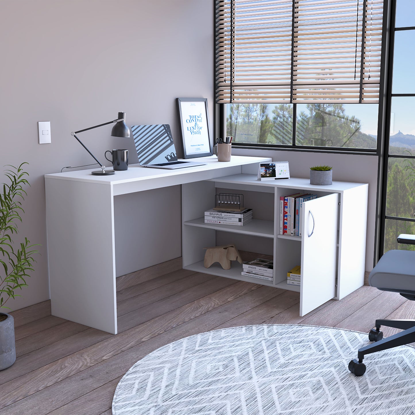 White Lshaped computer desk with open shelving and a closed cabinet