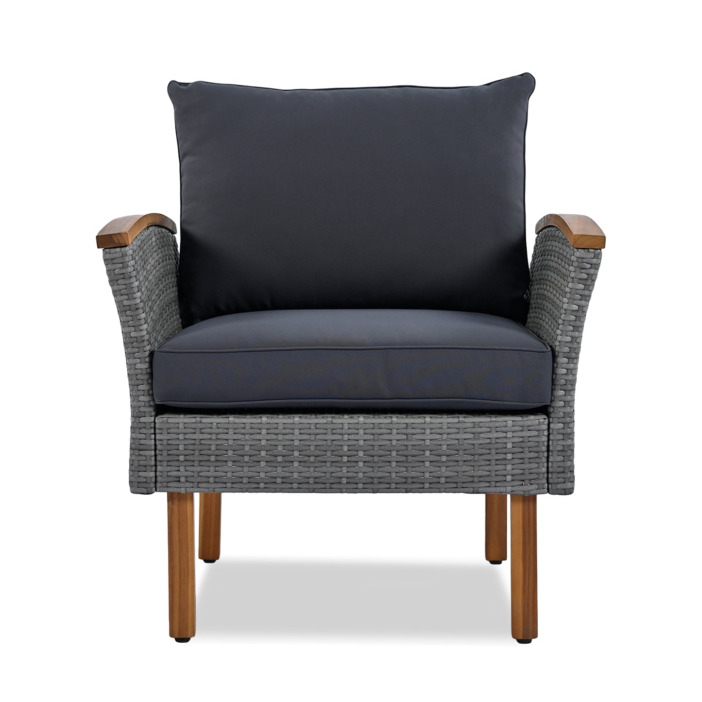Gray rattan accent chair with dark gray cushions and wooden armrests for patio