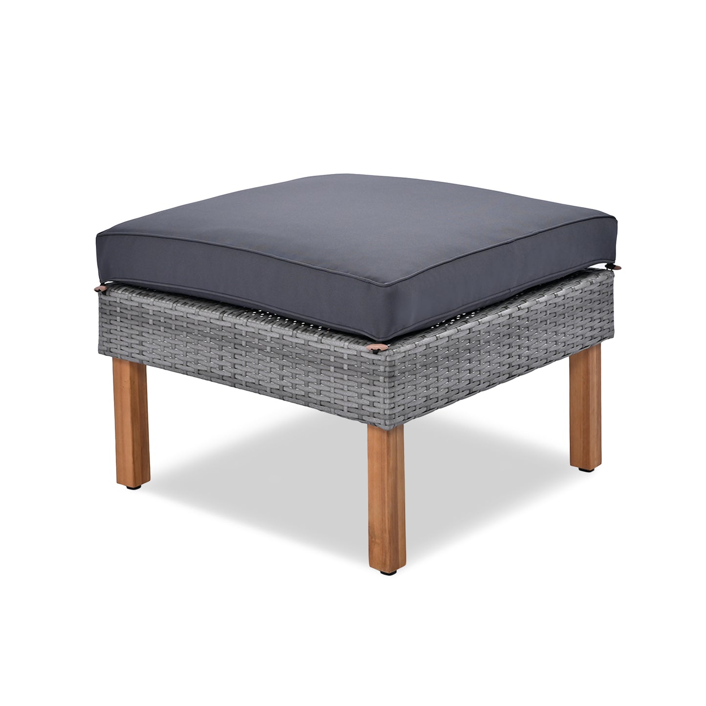 Gray wicker ottoman with dark gray cushion and wooden legs