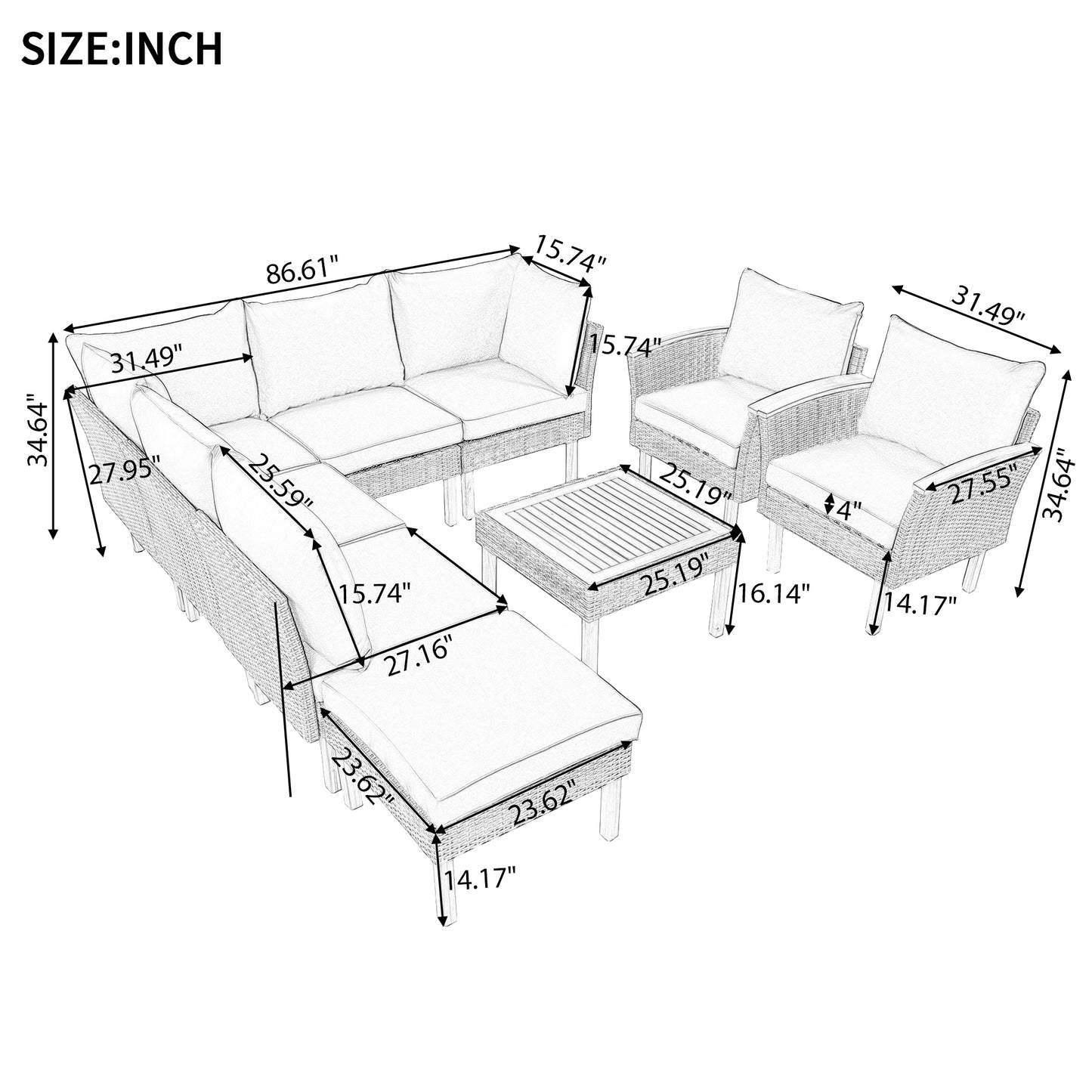 Diagram of a wicker sectional patio sofa with dimensions