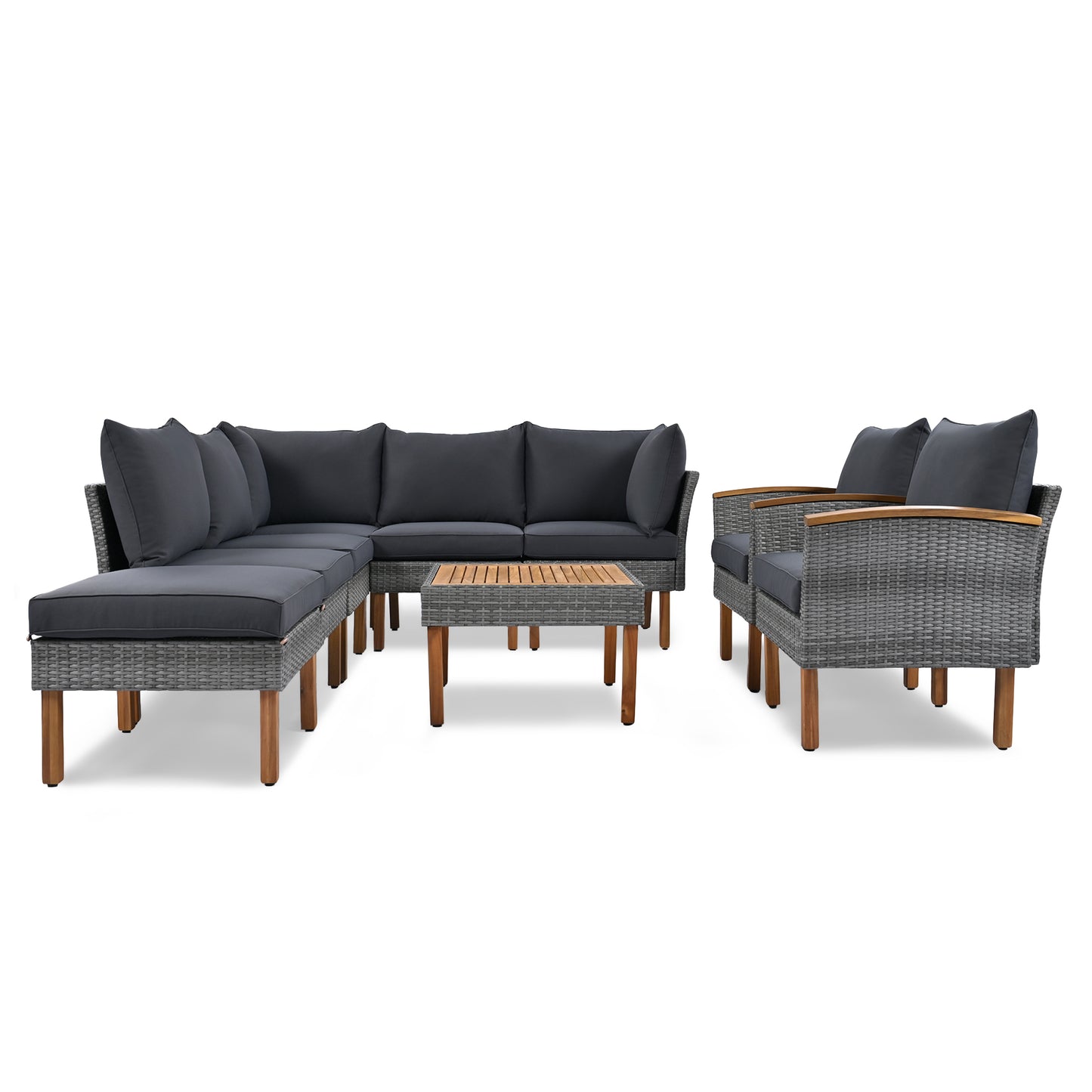 Grey wicker sectional patio furniture set with dark cushions and wooden legs