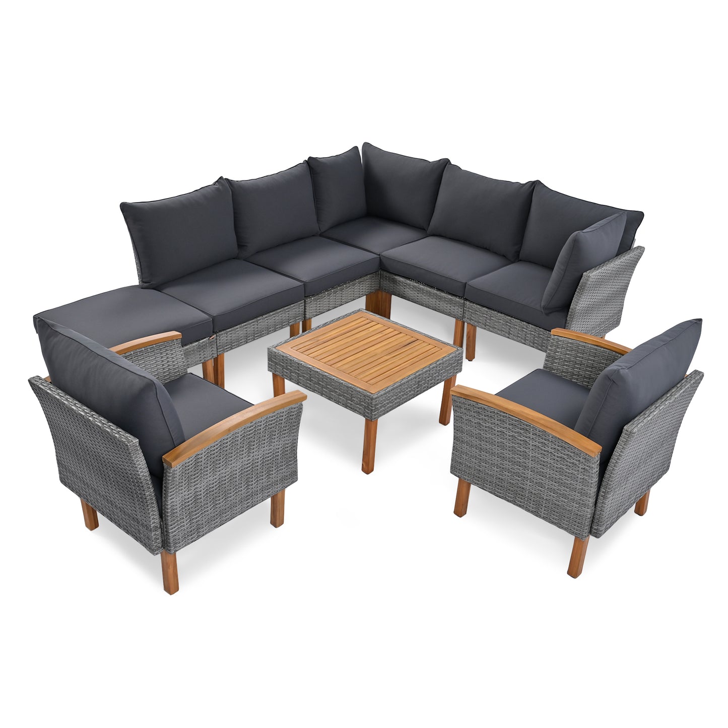 Grey wicker sectional outdoor sofa set with dark cushions and wooden accents