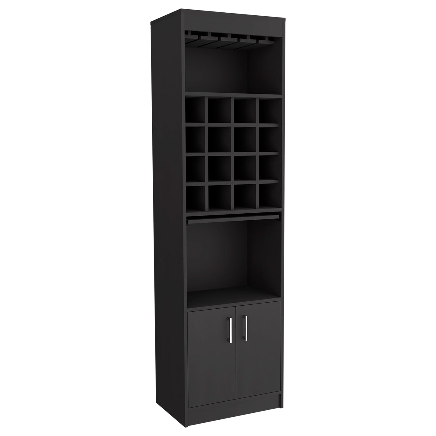 Tall black wine cabinet with glass rack and bottle cubbies
