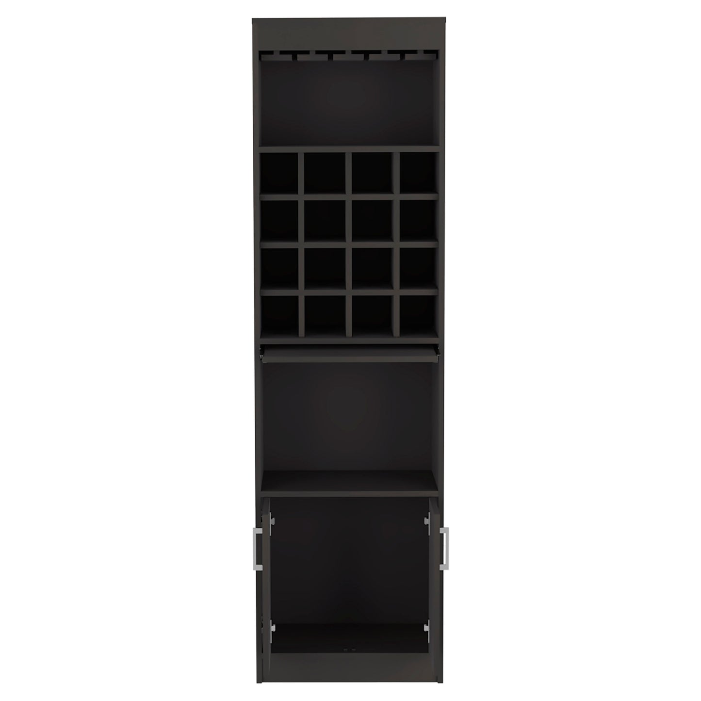 Dark brown tall wine cabinet with glass holders and cubbies
