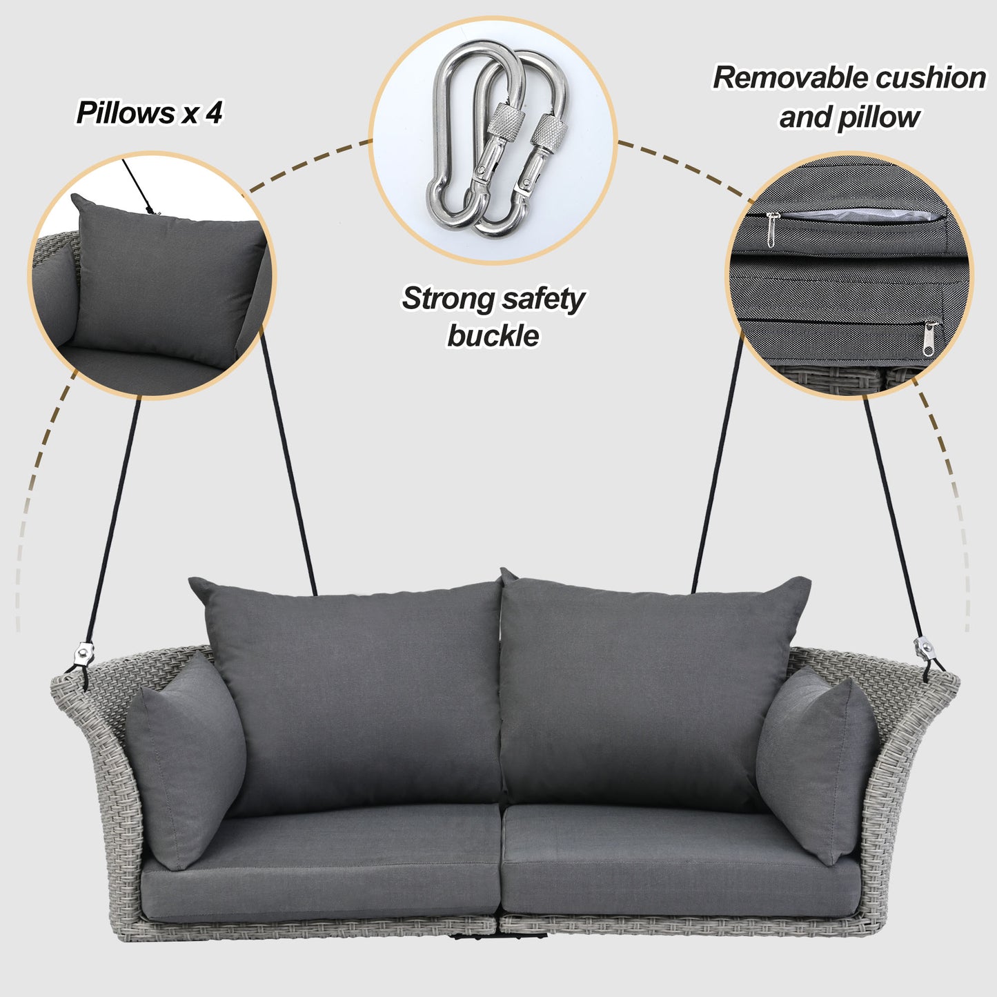Gray rattan swing chair with plush cushions and strong safety buckles for secure outdoor hanging