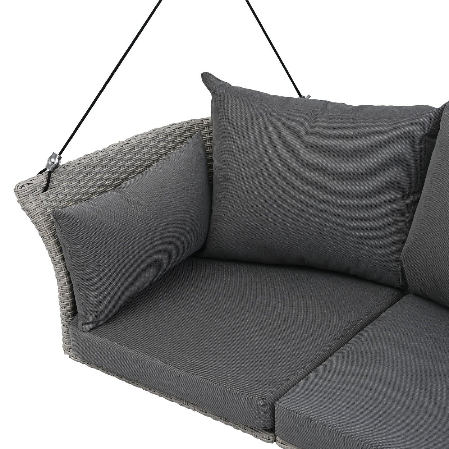 Gray wicker hanging chair with dark gray cushions