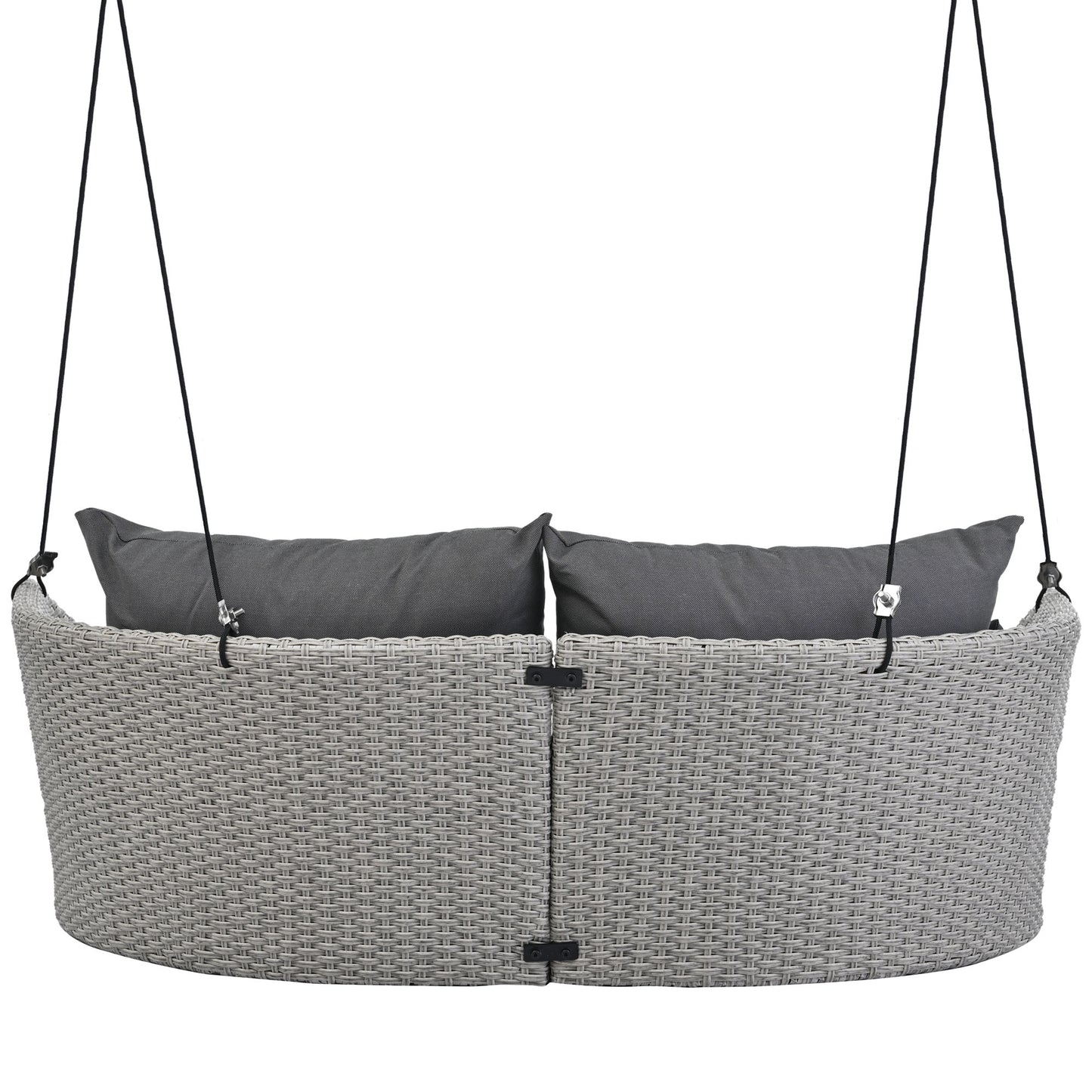 Grey resin wicker hanging chair with two dark grey seat cushions