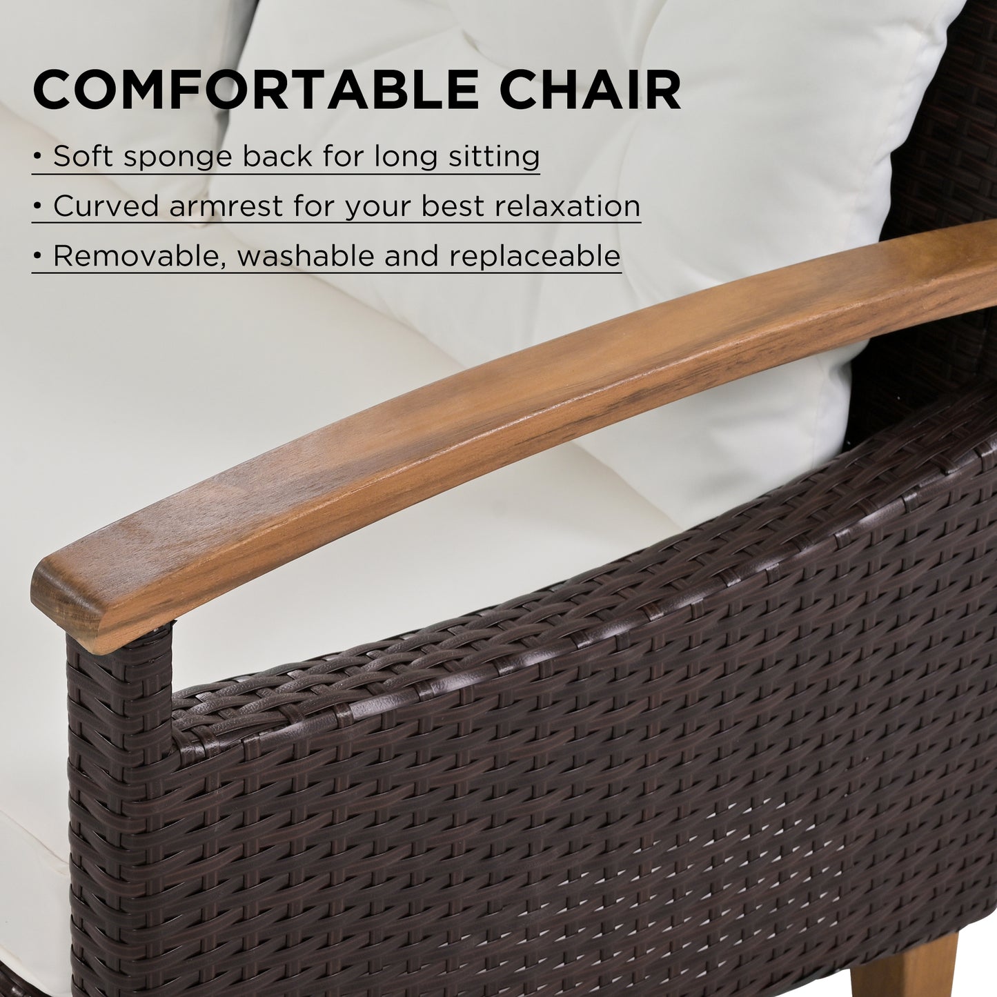 Brown wicker patio chair with curved wooden armrests and white cushions