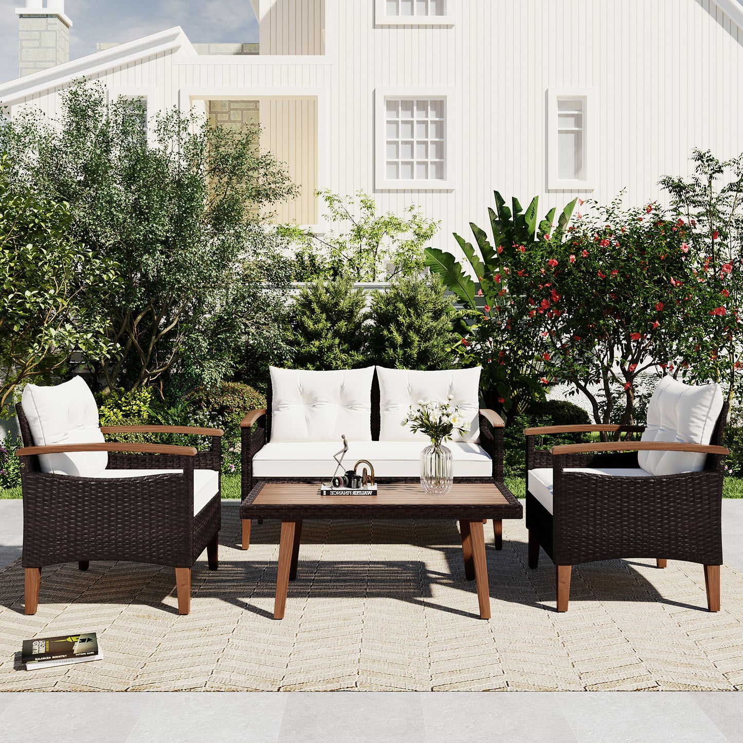 Brown wicker patio furniture set with white cushions