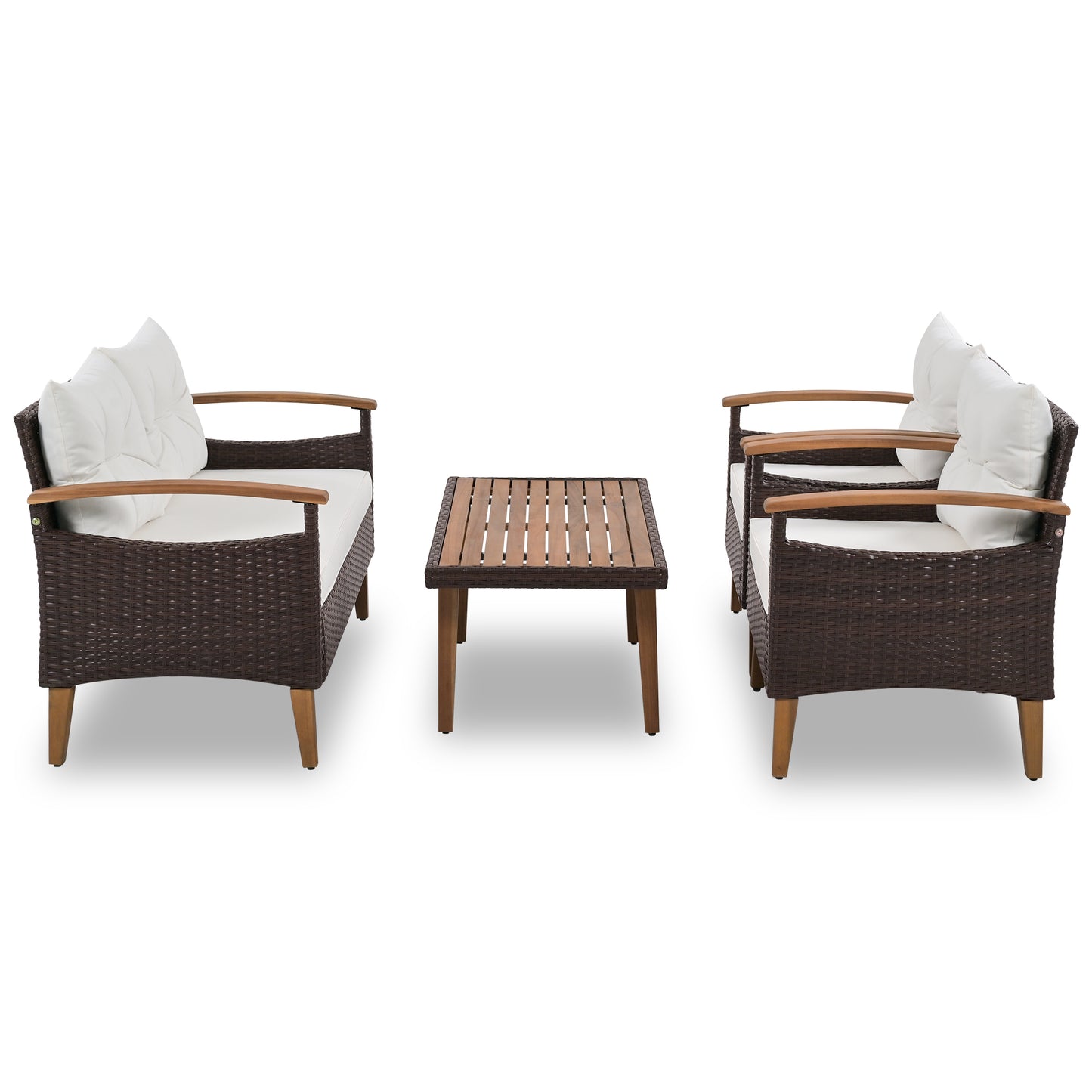Dark brown wicker loveseat with white cushions and wooden armrests