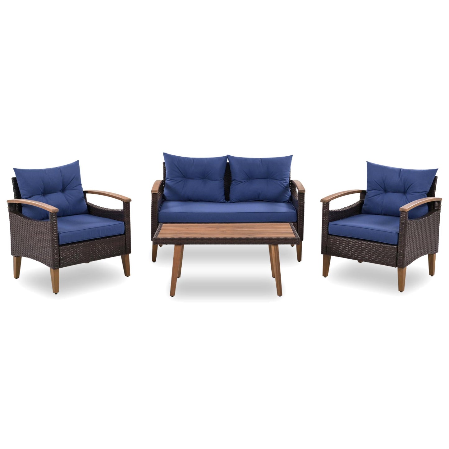 Brown wicker loveseat with blue cushions and wooden arms