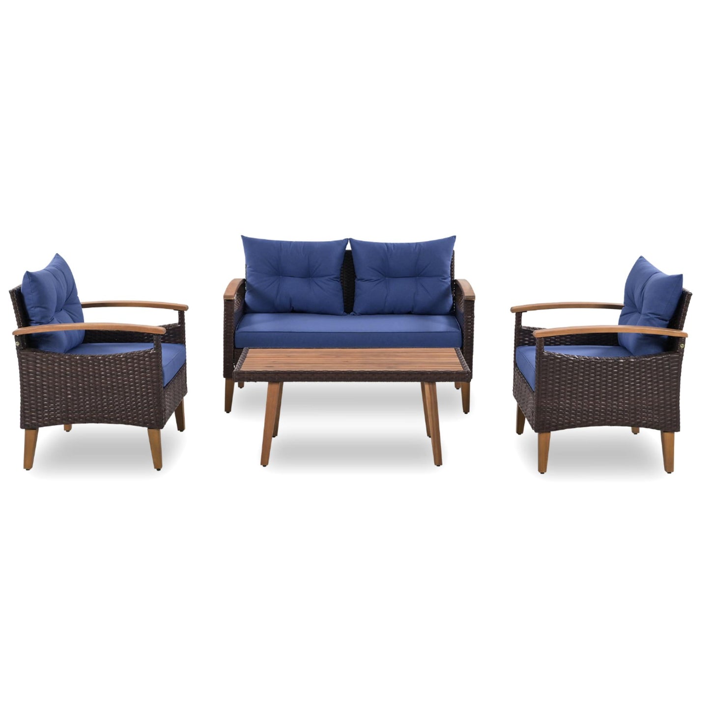Brown wicker patio loveseat with blue cushions and wooden arms