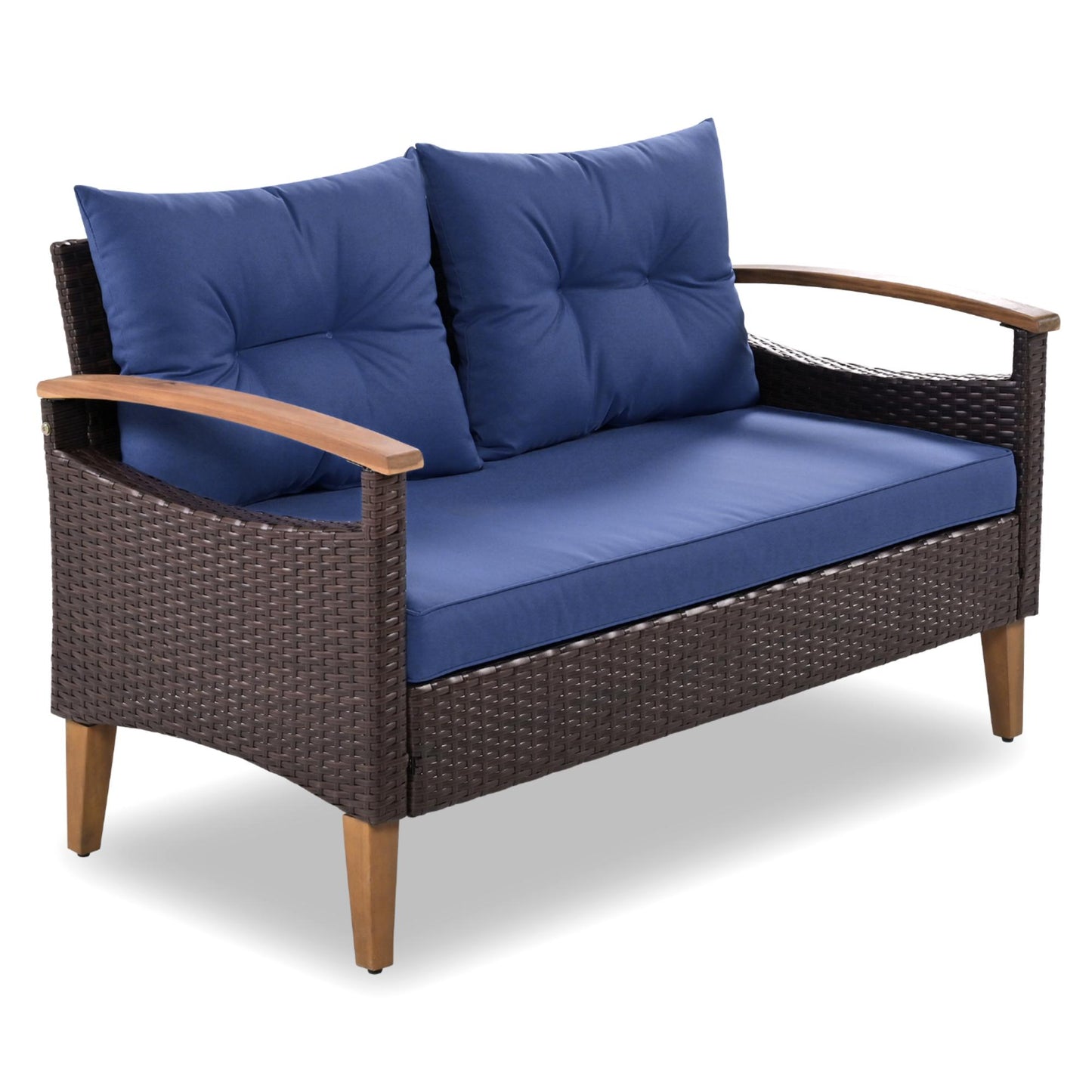 Brown wicker loveseat with deep blue cushions and wooden armrests