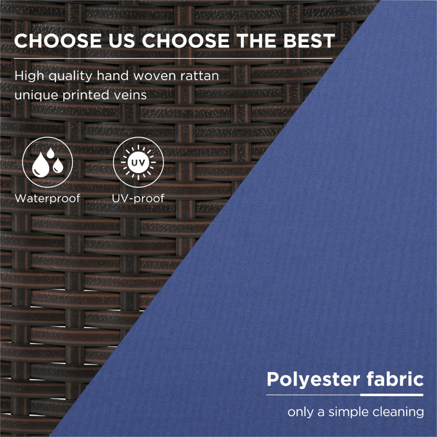 Dark brown hand woven rattan with printed veins and blue polyester fabric details