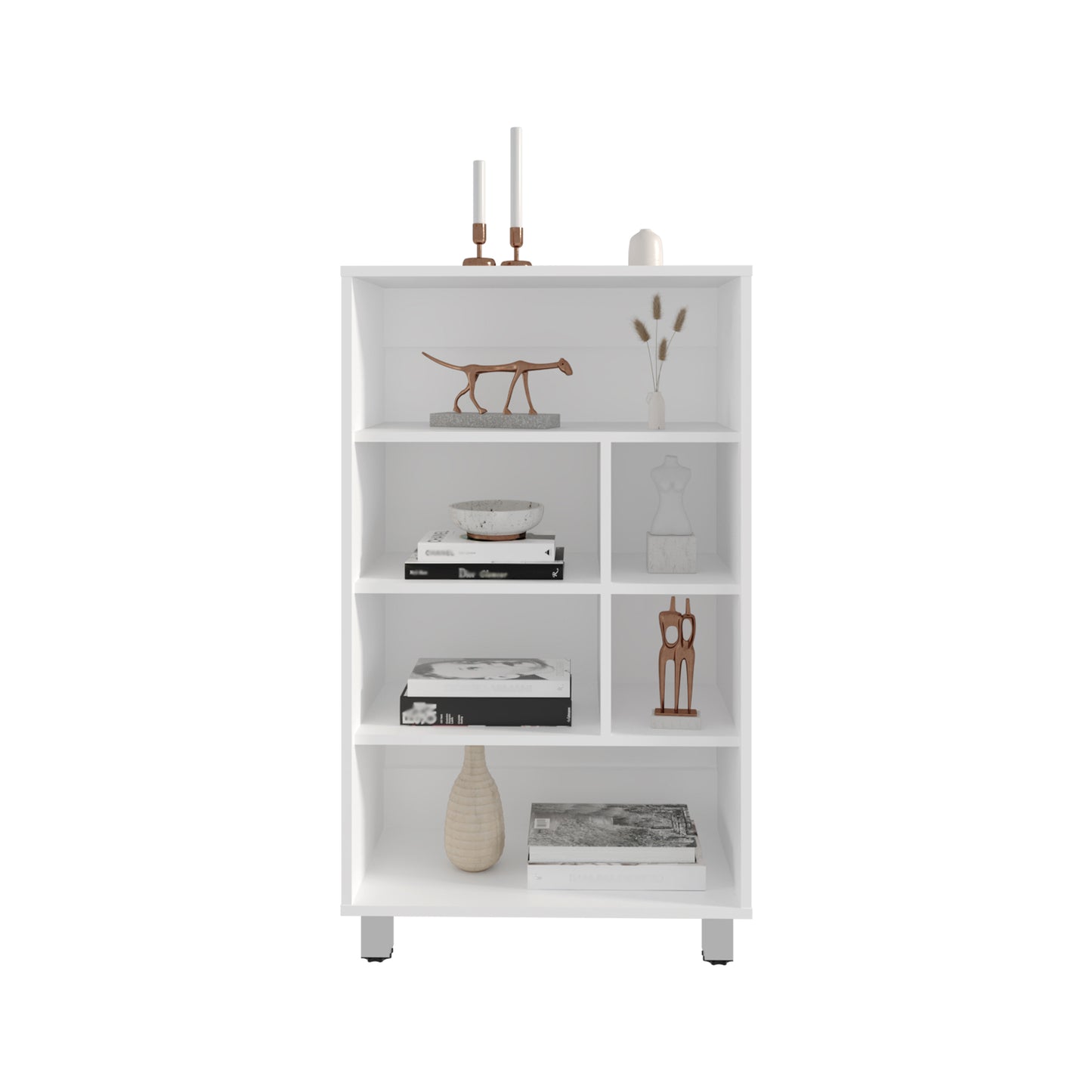White modern bookshelf with five shelves and decorative items