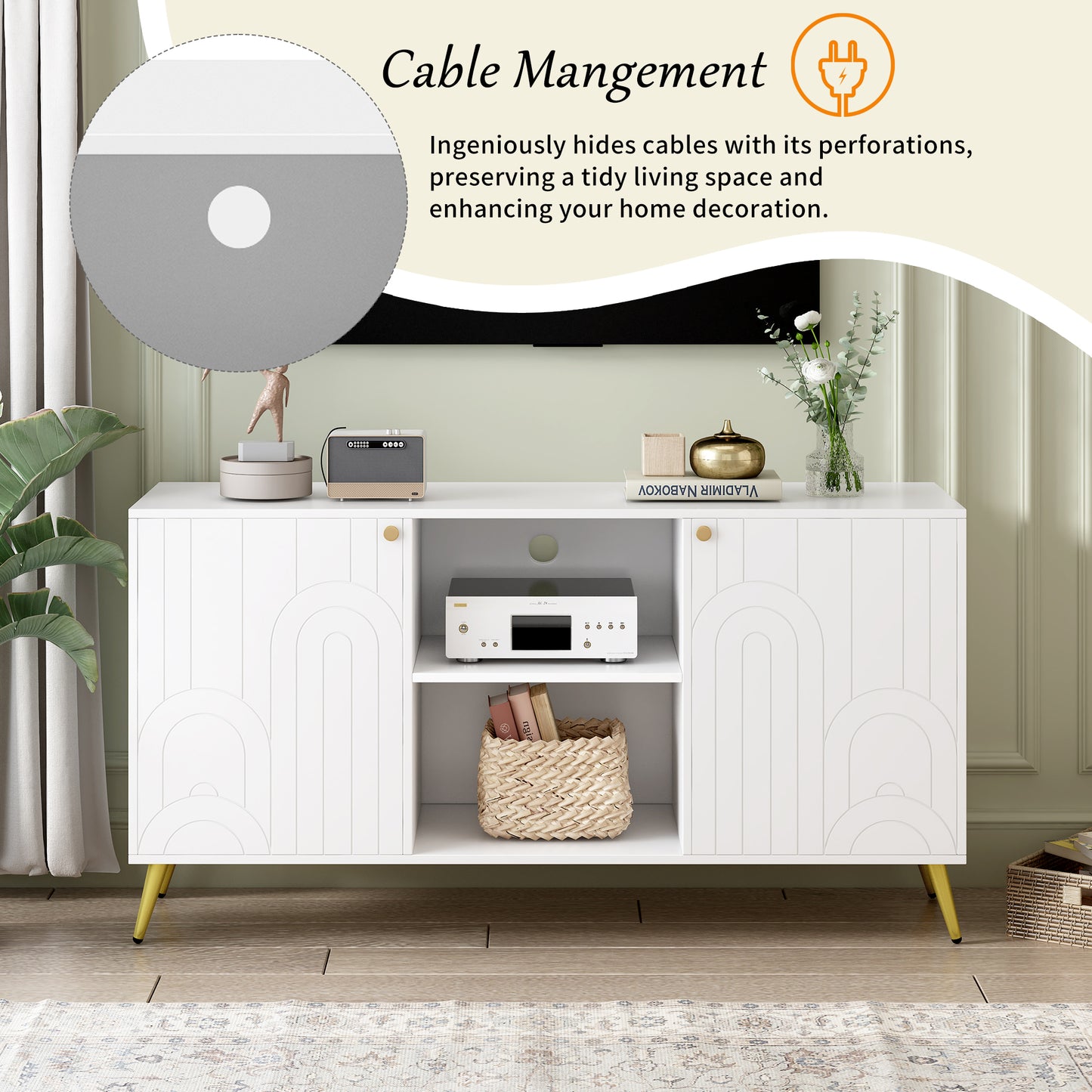 White TV stand with gold legs and arched door design
