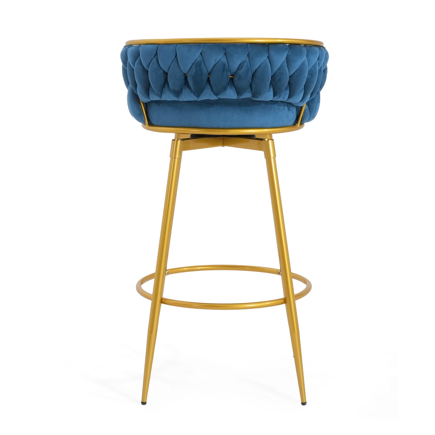 Plush blue velvet bar stool with gold frame and tufted seat
