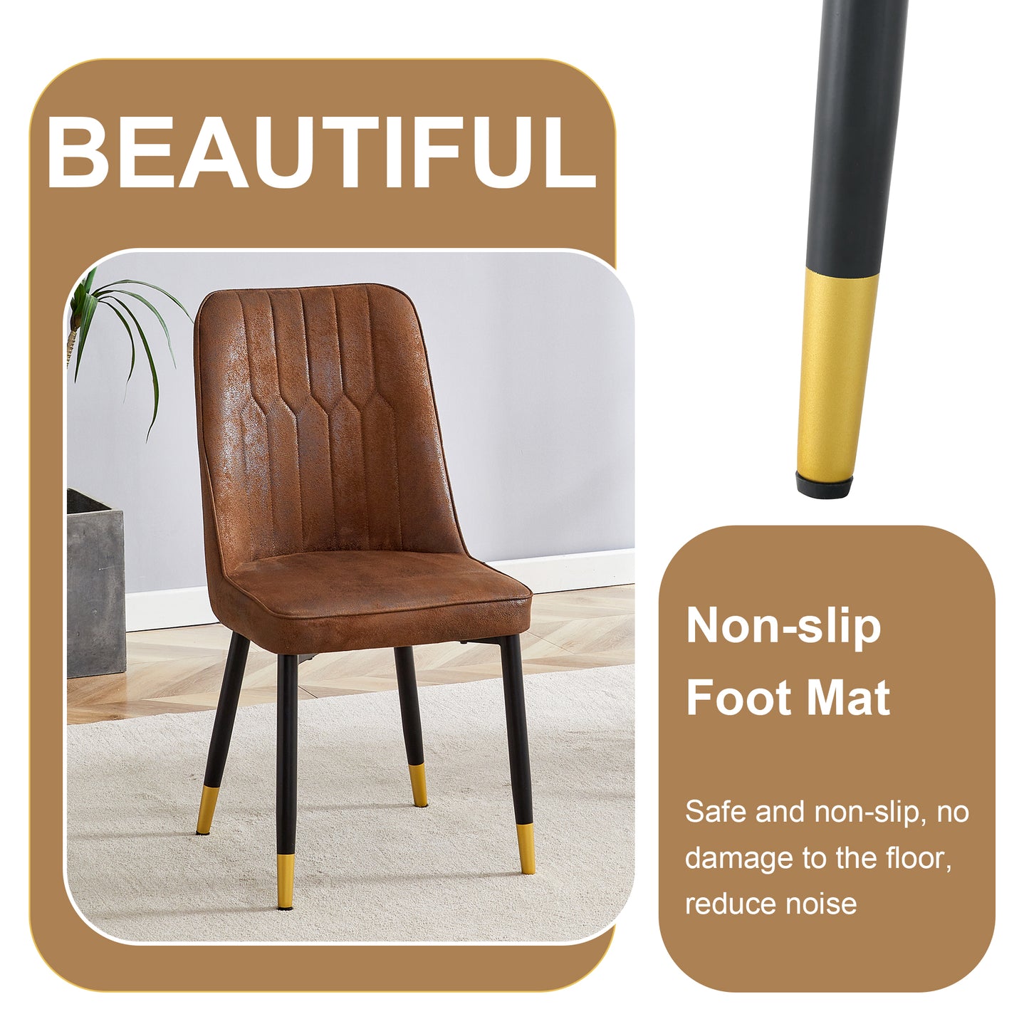 Brown faux leather accent chair with tufted back and goldcapped black legs