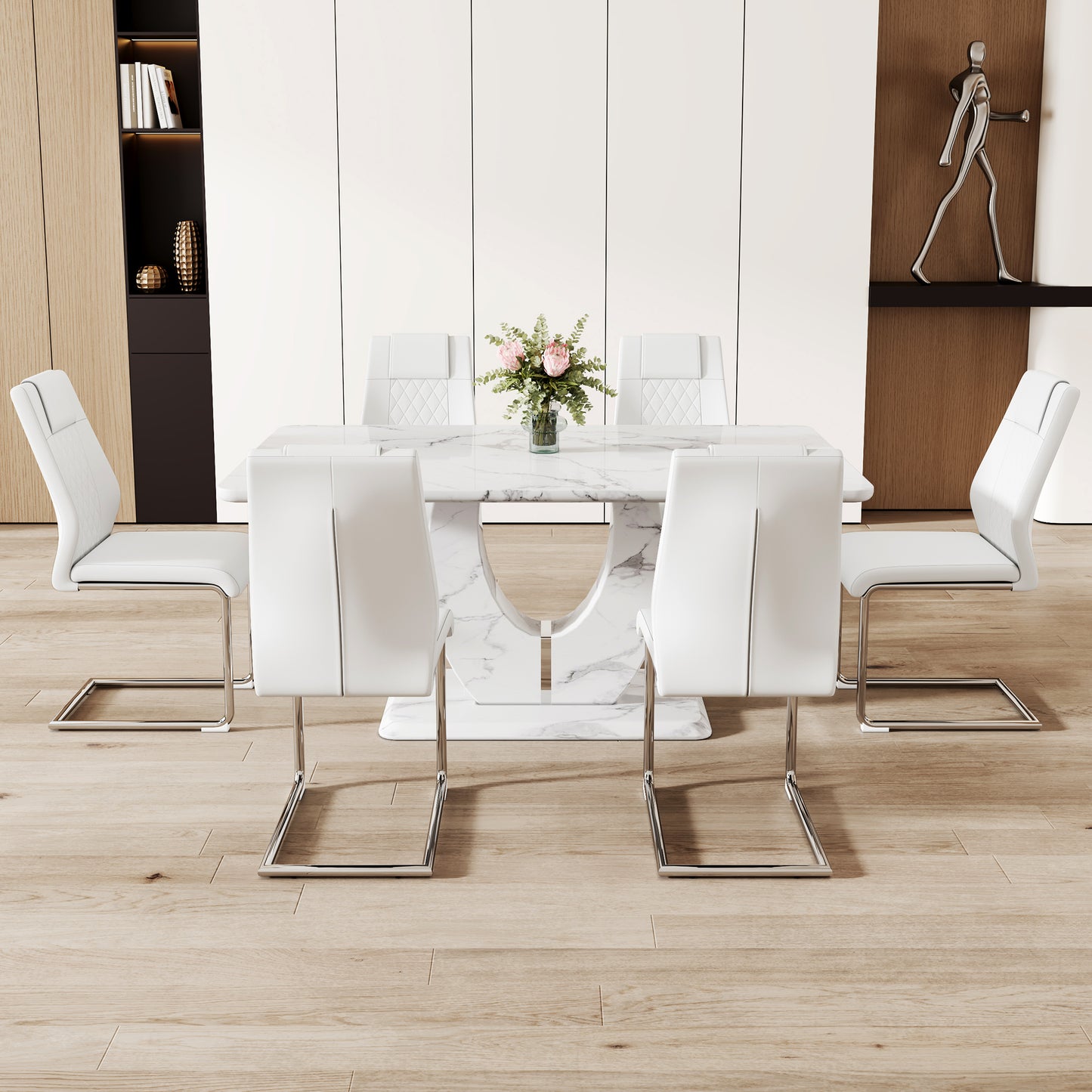 White faux leather dining chairs with chrome cantilever legs