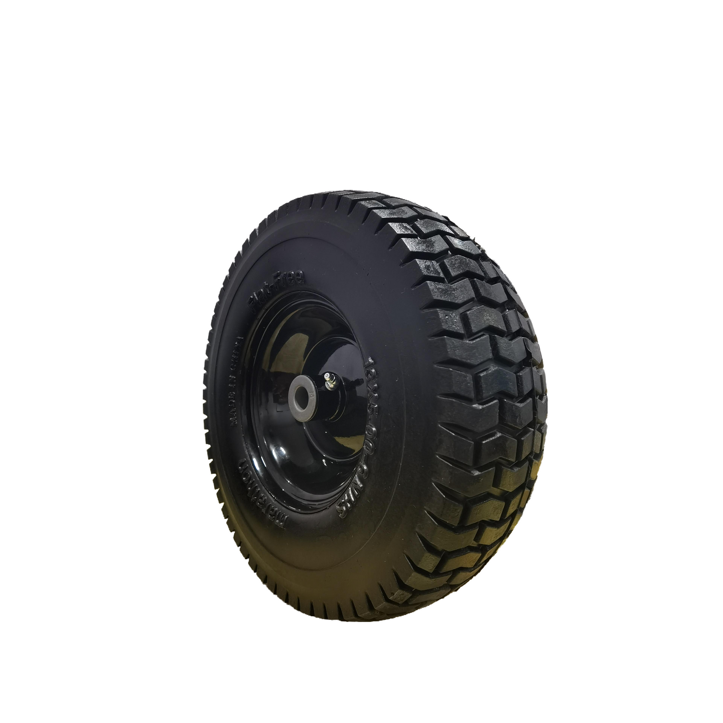 Black flatfree wheel with rugged tread for wheelbarrows
