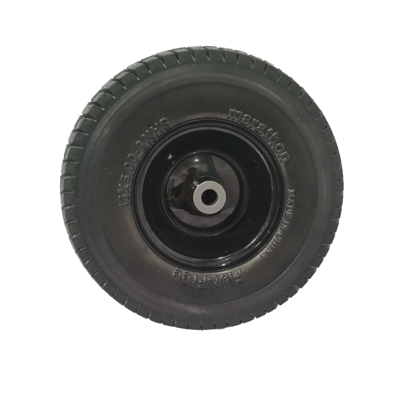 Black flatfree tire wheel with marathon logo
