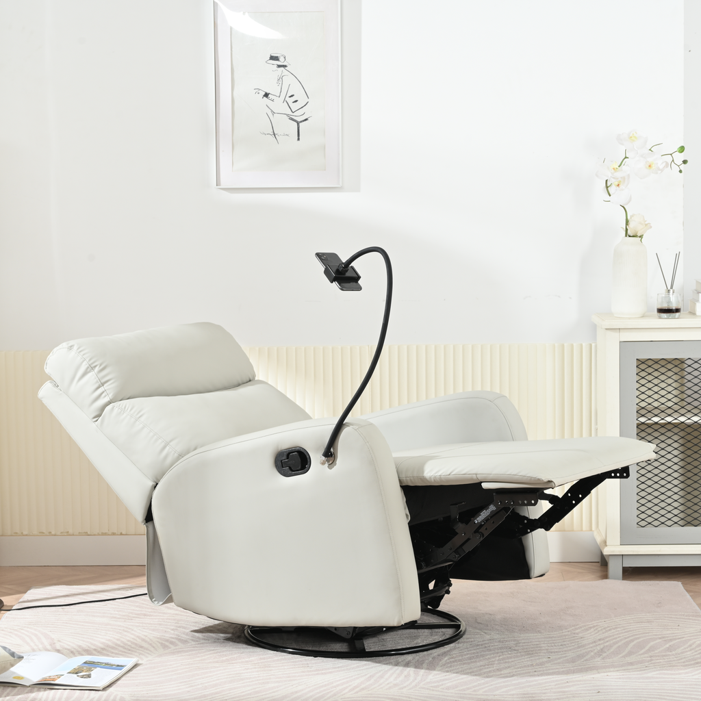 White faux leather recliner chair with phone holder arm