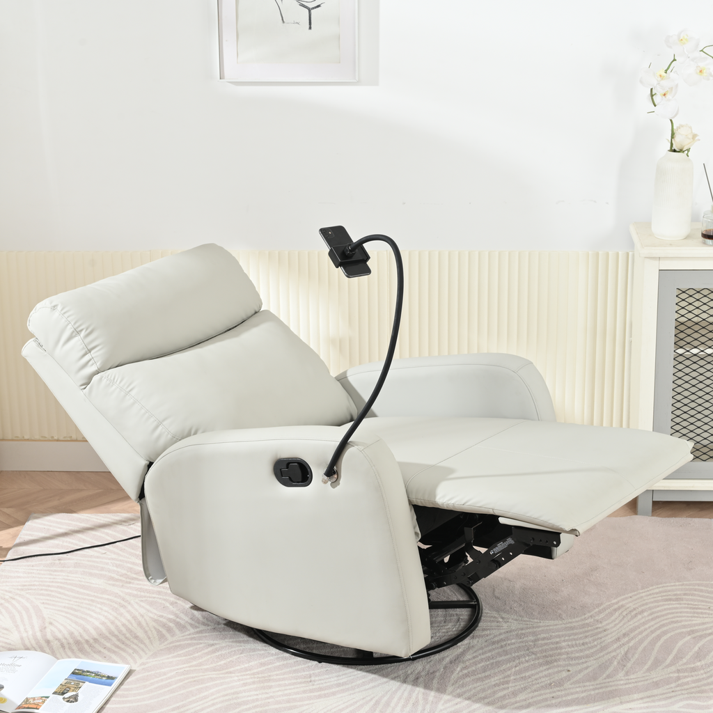 White leather recliner with phone mount