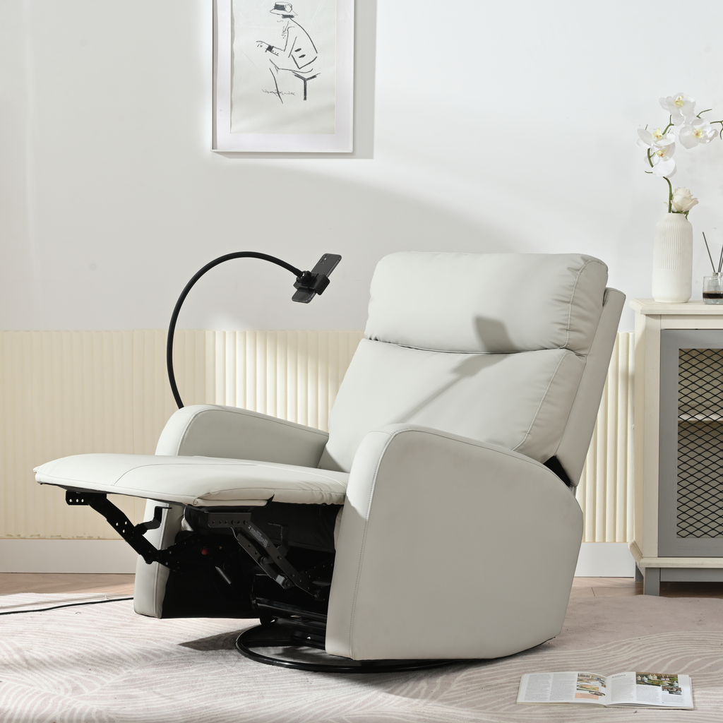 Light gray leather power recliner with footrest extended