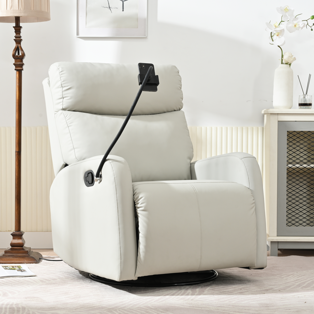White leather swivel recliner with adjustable phone mount