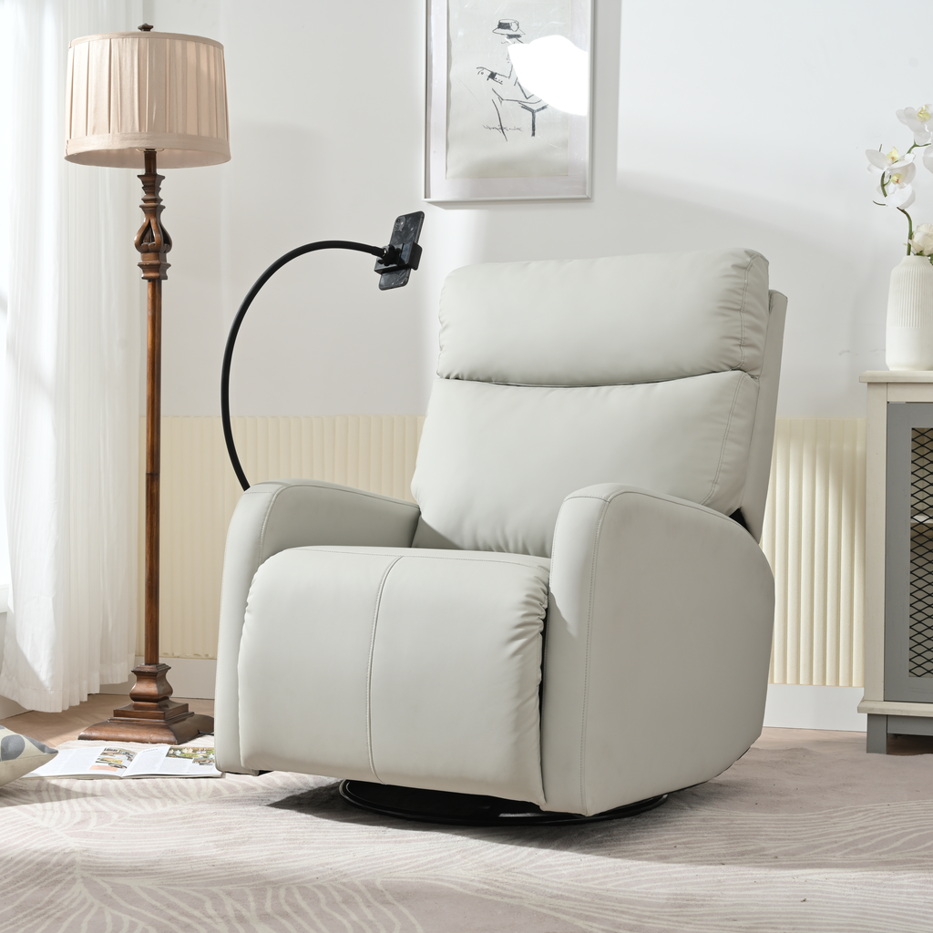 Light gray leather recliner with adjustable phone holder for ultimate comfort