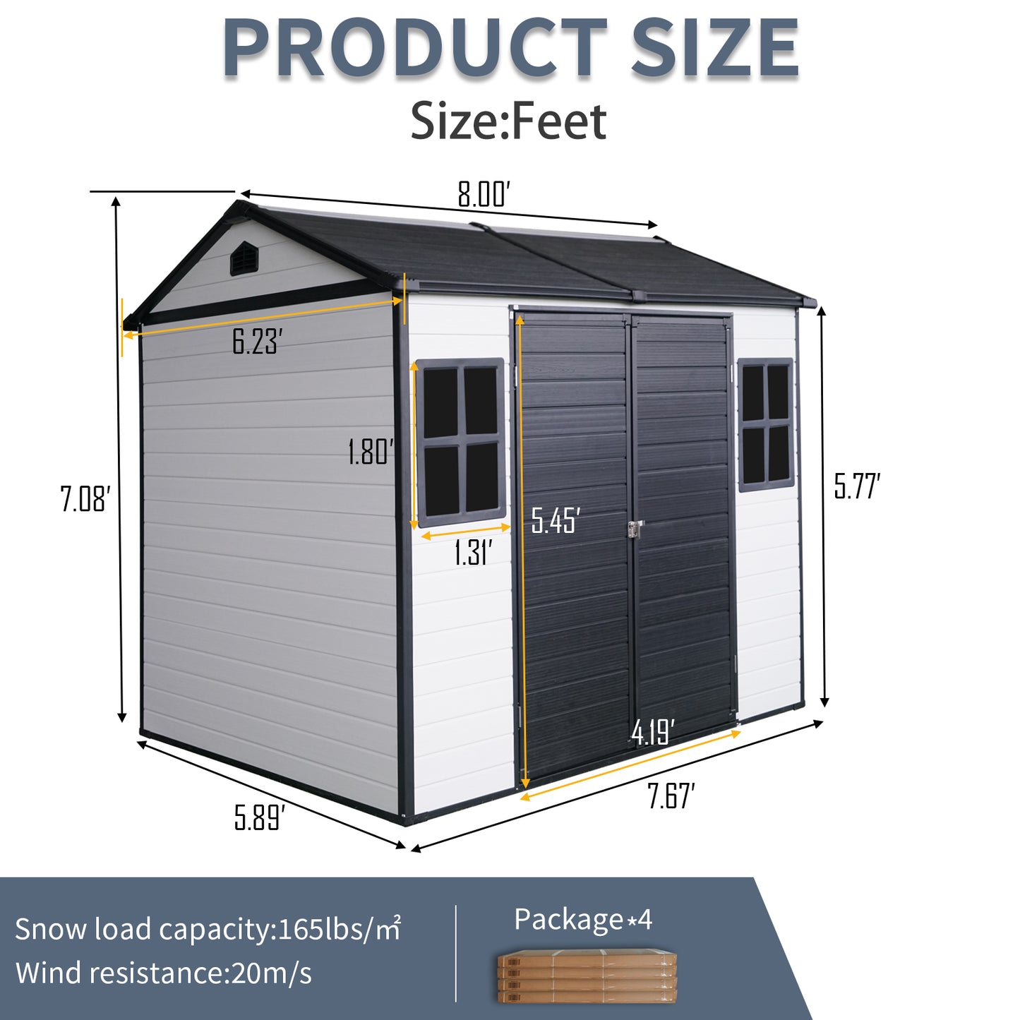 White and gray outdoor storage shed with double doors and two windows