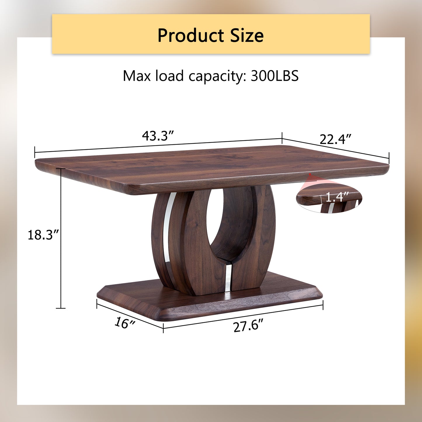 Brown wooden coffee table with unique curved pedestal base and silver accents