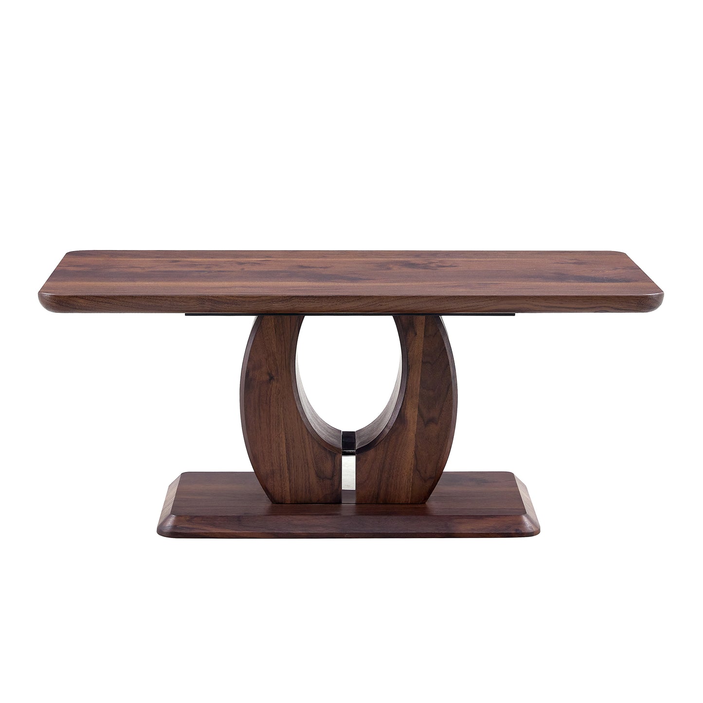 Modern walnut coffee table with sculptural base and rounded edges