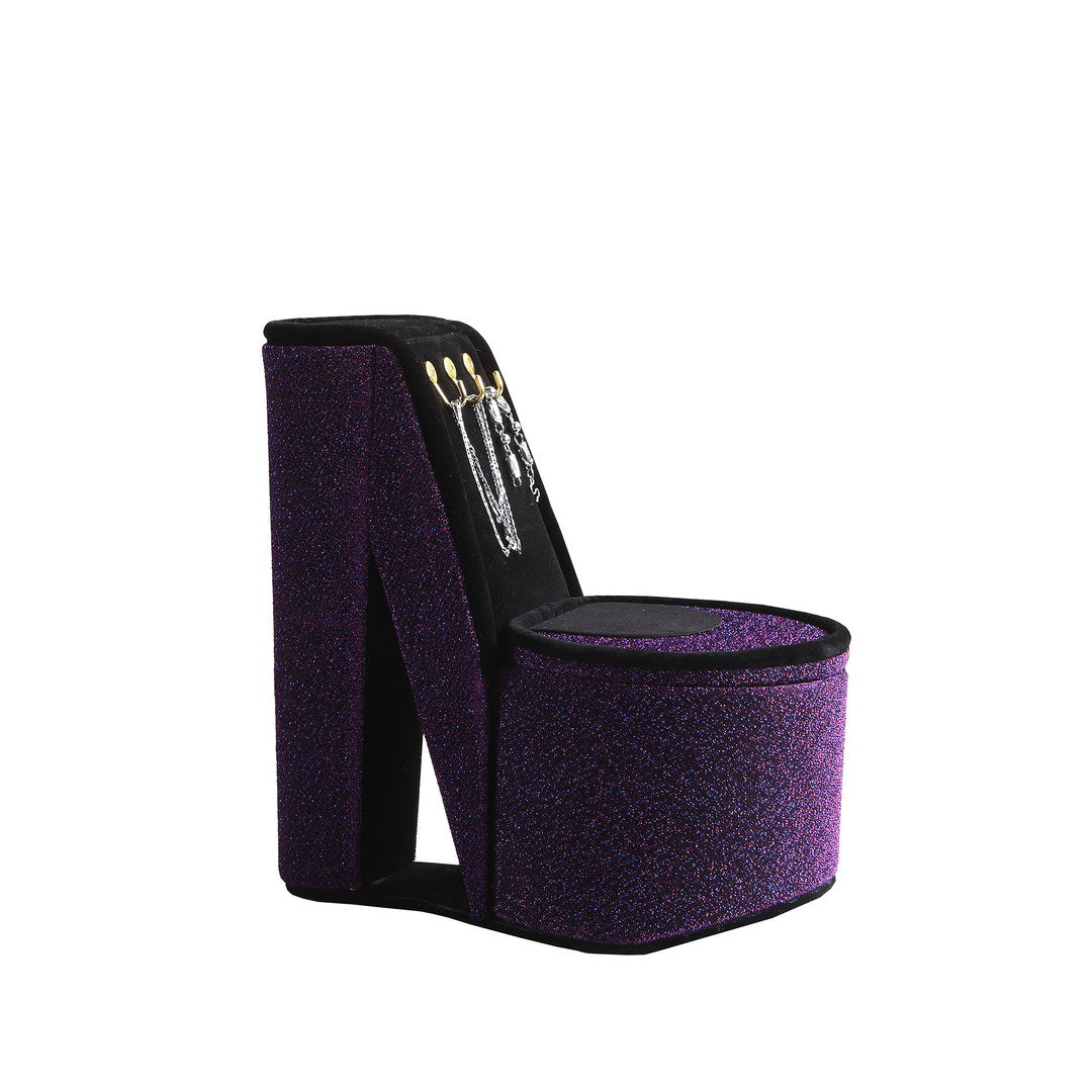 Purple glitter high heel jewelry organizer displaying necklaces and earrings