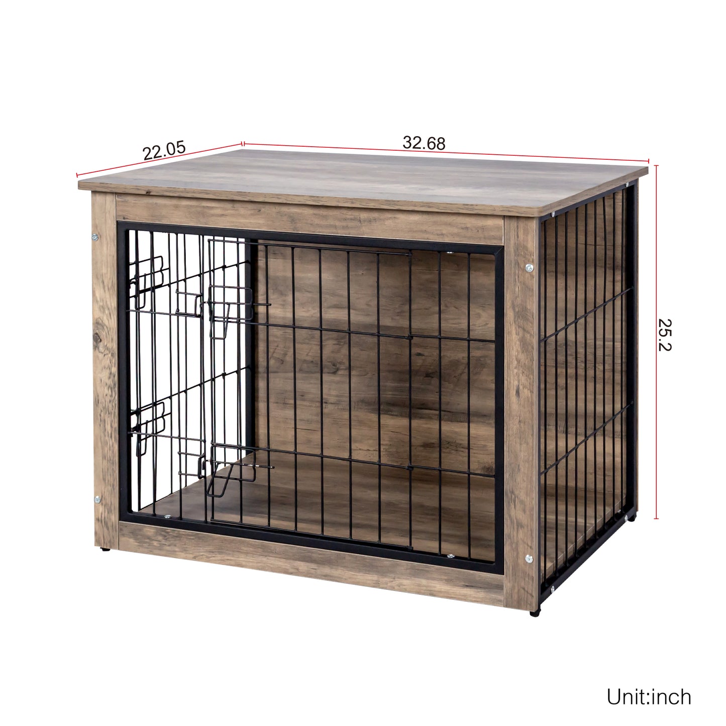 Rustic wooden dog crate end table with black metal bars and front door