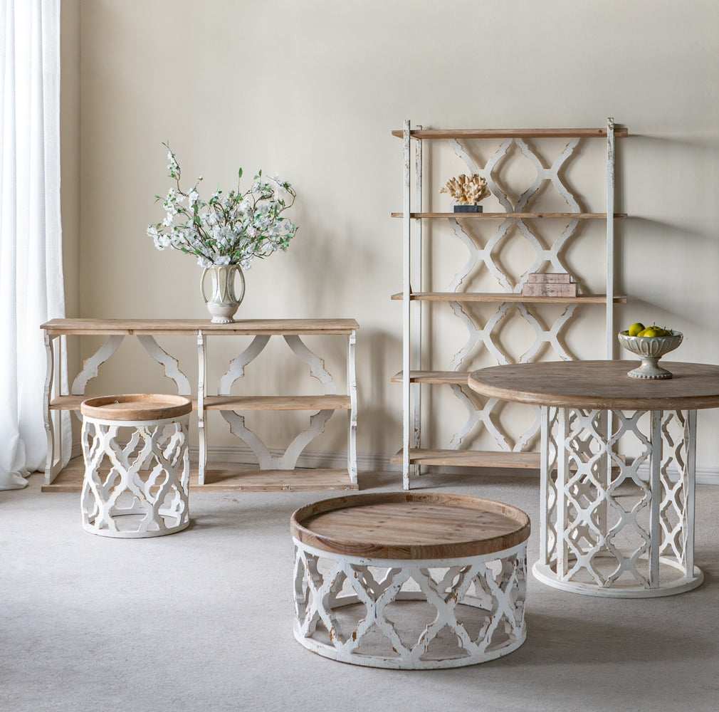 Distressed white lattice wood coffee table with round wooden top