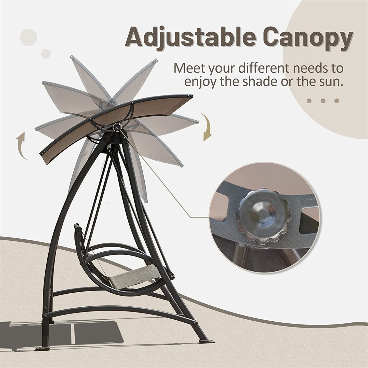 Black metal patio swing with adjustable canopy